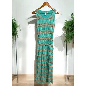 Tacera Women’s Maxi Dress Small Turquoise Brown Chevron Sleeveless Boho Beach